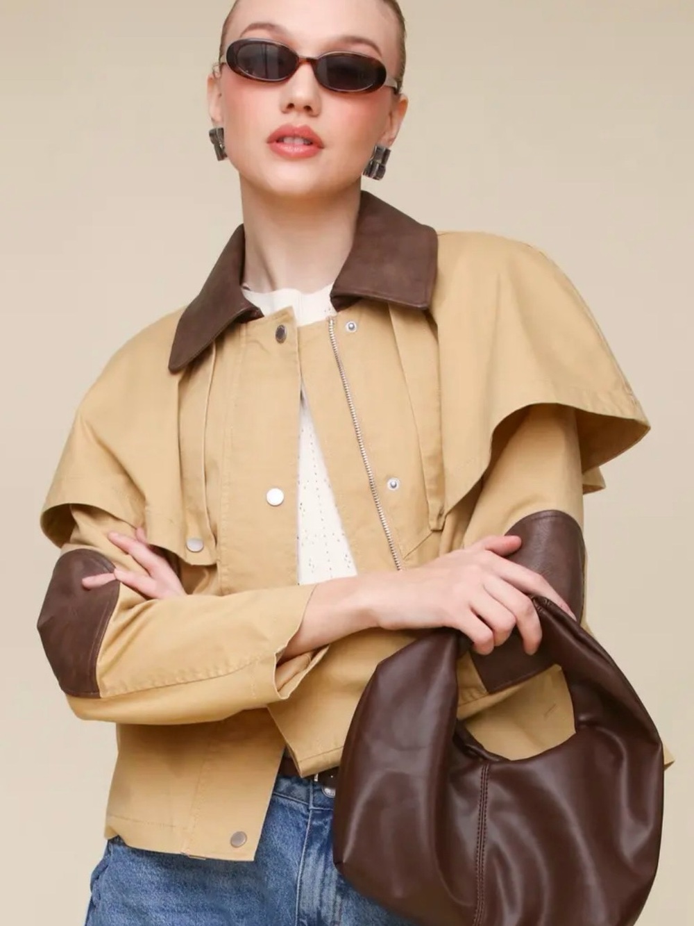 Avec Les Filles Cape Cropped Trench Jacket w/ Removable Cape in Khaki Large